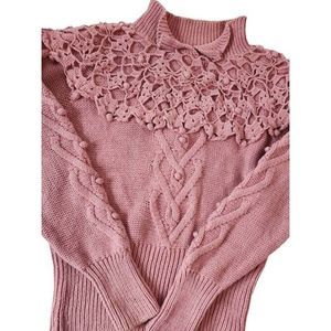 Vintage NINON de Lenclos Amazing Pink Sweater with Crochet Accent Medium